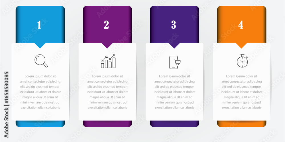 Aufkleber concept of business model with 4 successive steps - 4 colorful graphic elements - timeline design fo