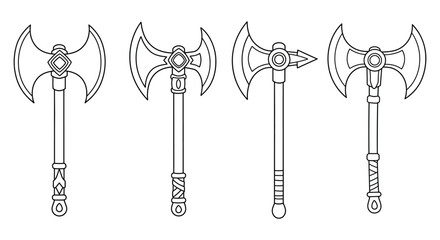 Four different types of fantasy battle axes with unique handle designs