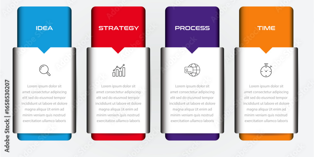 Aufkleber concept of business model with 4 successive steps with icon - timeline design for presentation, work