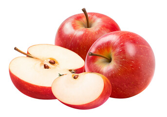 whole and sliced red apples on a transparent background