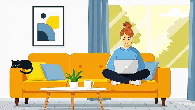 A woman sitting on a yellow sofa with a laptop on her lap, typing while smiling. A black cat is sleeping peacefully on the sofa armrest. A small black table in front holds a steaming cup of coffee.