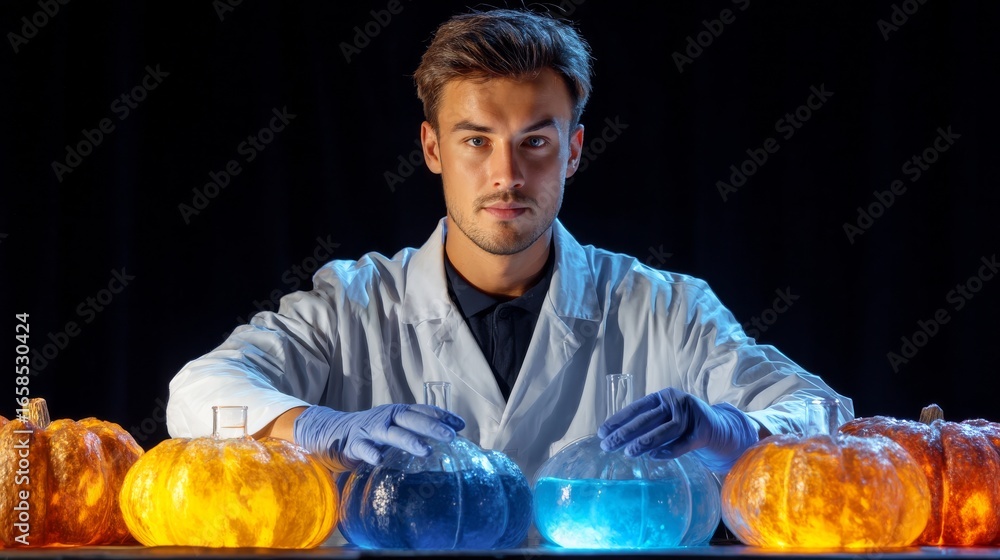 Poster scientist mixing glowing liquids in colorful flasks during experiment in laboratory