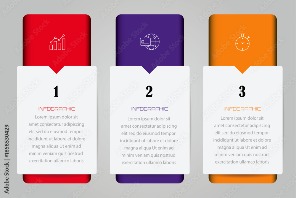 Aufkleber concept of business model with 3 successive steps - 3d colorful graphic elements - timeline design f