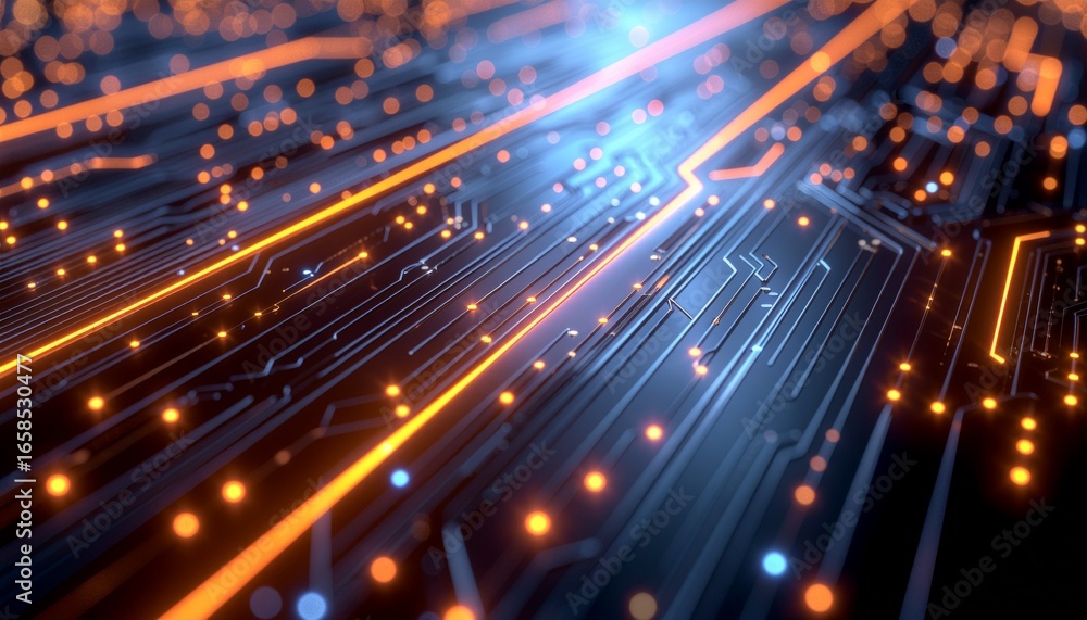 Poster abstract technology background with glowing circuit board lines and nodes representing high tech dat