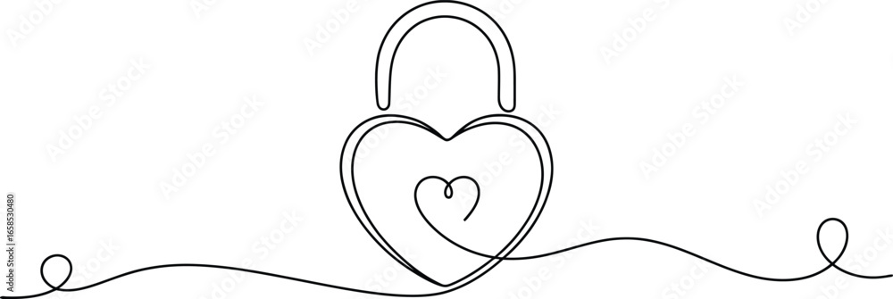 Poster continuous line drawing of a heart shaped padlock with a keyhole