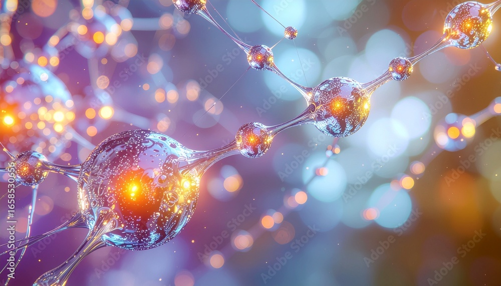 Poster abstract molecular structure with glowing nodes and connecting lines representing science technology
