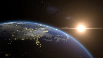 Obraz premium Earth From Space At Night With City Lights And Sunrise Over The Horizon Showing The United States And The Gulf Of Mexico
