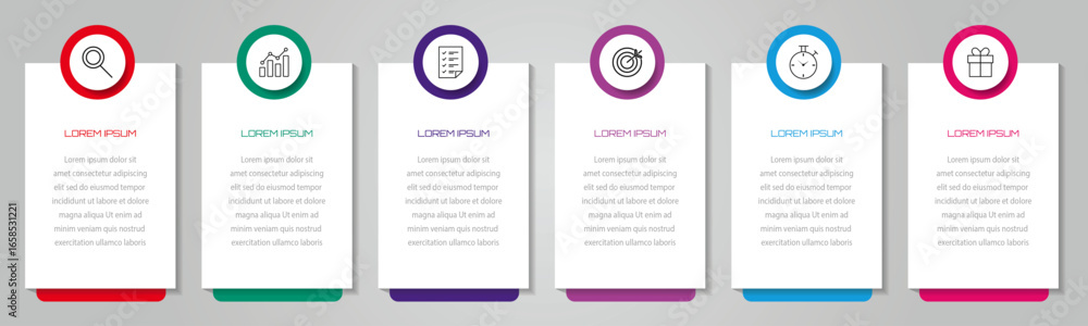 Poster 6 successive steps business data visualization timeline process infographic template design with ico