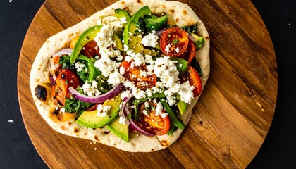 Delightful vegetarian flatbread pizza featuring fresh green bell peppers, vibrant red onions, ripe tomatoes, and creamy crumbled cheese, artfully presented on a rustic wooden board.