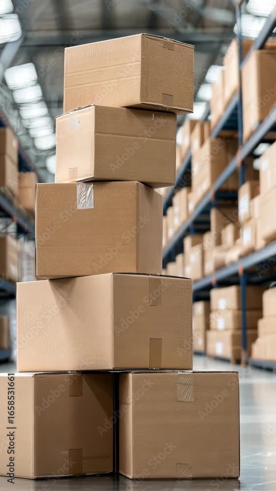 Aufkleber cardboard boxes are neatly stacked in a spacious storage area, highlighting efficiency and organizat