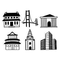 Fototapeta premium Collection of architectural landmarks and city buildings isolated on white background