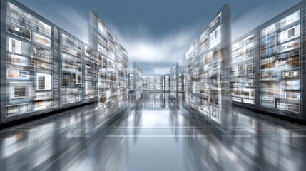 Futuristic digital displays, mirrored corridor