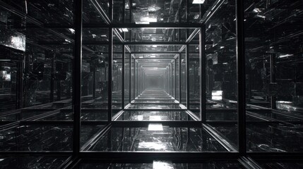Fototapeta premium Dark, reflective, square tunnel