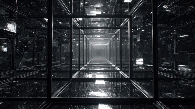 Dark, reflective, square tunnel
