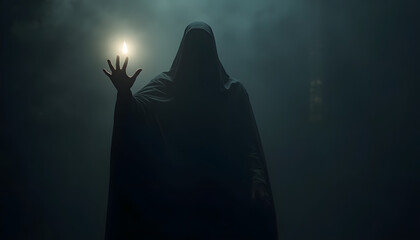 Mysterious Figure in Cloak Holding Light in Foggy Environment