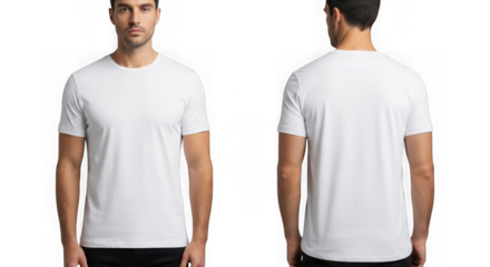 Front and back view of a man wearing a plain white crew neck t-shirt