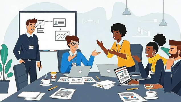 Modern office teamwork scene: two men and one woman collaborating at a desk, stacks of files and a computer screen in front, with abstract background and minimalistic style.