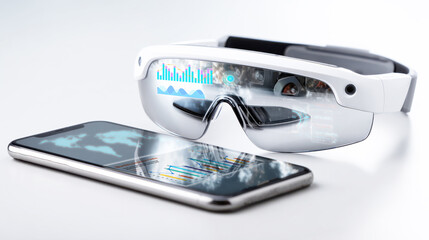 Futuristic smart glasses with data visualization interface next to smartphone, representing augmented reality, wearable technology, real-time analytics, and next-gen digital innovation in business.