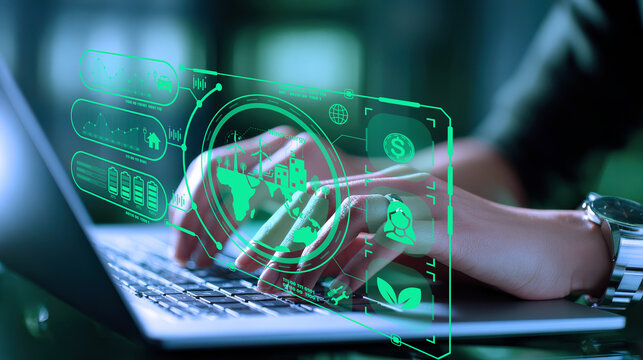 Hands typing on laptop with futuristic wind energy data interface, representing renewable energy technology, green digital transformation, smart energy analytics, and eco-friendly business innovation.
