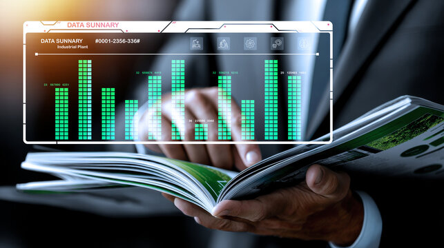 Businessman reading report with digital data summary overlay, representing industrial analytics, smart factory performance, ESG reporting, environmental metrics, and real-time sustainable insights.