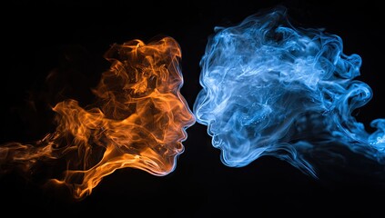 Fiery and icy faces meet in a smoky embrace against a dark background