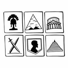 Illustration set of ancient civilizations symbols isolated on white background, including roman, egyptian and more