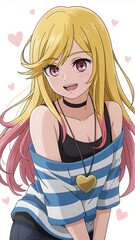 Anime Girl Portrait with Blonde Pink Tipped Hair and Heart Necklace Cartoon Illustration Smiling with Hearts Background