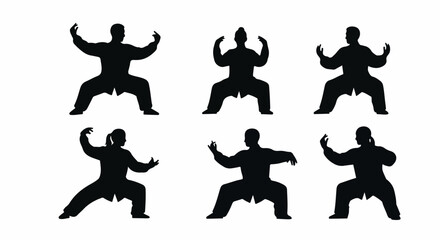 Six Silhouettes of Martial Artists in Fighting Stances.