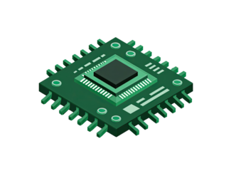 Isometric illustration of a computer processor, dark green square with a central dark gray chip,  surrounded by connections