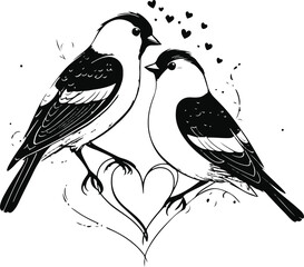 Black and white hand-drawn love birds vector, simple doodle style, bold smooth ink strokes, abstract Valentine silhouette, professional high-quality vector illustration 1