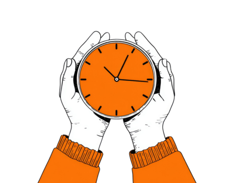 Hands holding an orange clock face