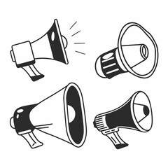 Collection of megaphone icons, communication and loudspeaker symbols isolated on white background