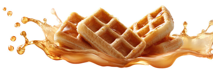 Golden waffles drenched in syrup, cascading in a dynamic splash