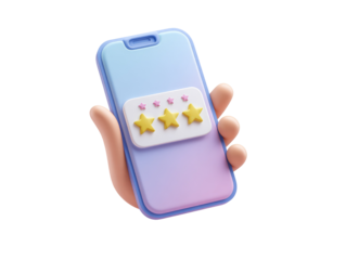 A hand holds a smartphone displaying a positive customer review,  with three gold stars on a pastel-colored background