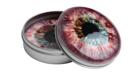 Strikingly realistic human eyes in a metallic container, symbolizing vision and perception isolated on white background