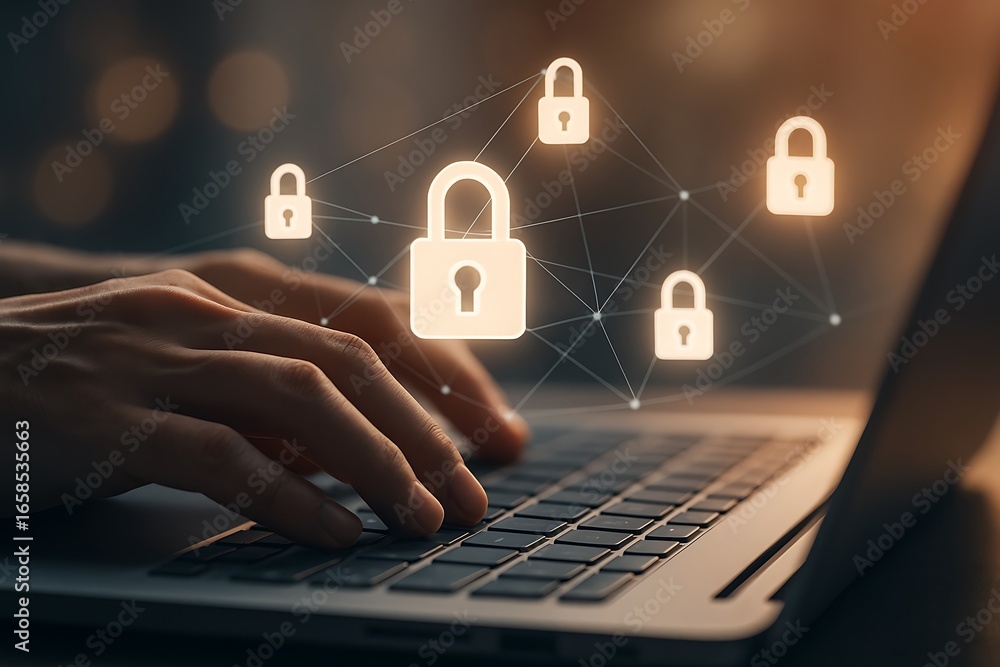 Poster cybersecurity in focus with glowing padlock icons and secure digital network protection above laptop