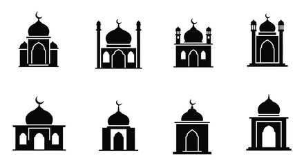 Eight black silhouettes of mosques with domes and minarets on white background