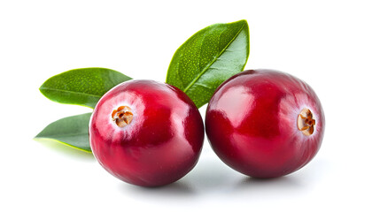 Hyper realistic close-up of two ripe cranberries with green leaves