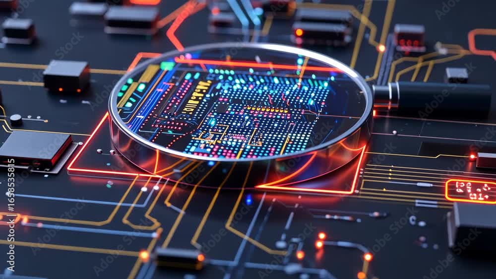 Aufkleber a close look at the complex patterns and vibrant colors of a circuit board during an examination at 