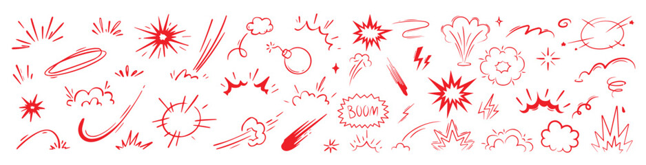 Comic cartoon boom speed effect, explosive motion line element set. Comic boom burst, explosive smoke, line speed cartoon chalkboard. Hand drawn sketch doodle action effect. Vector stock illustration