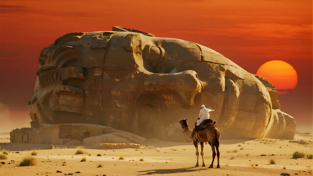  a colossal ancient stone statue half-buried in the desert