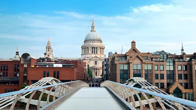 London, United Kingdom. Aerial view of St. Pauls Cathedral and Millennium Bridge in London.