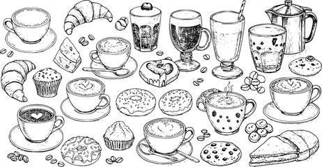 Hand drawn sketch style coffee shop set illustration of various coffees and bakery items collection
