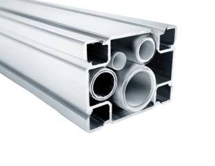 Close-up of a rectangular aluminum extrusion profile with various cylindrical pipes/tubes inserted