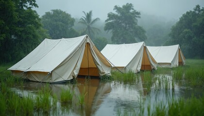 White canvas tents partially submerged in flooded green field during heavy rain. Thick green trees, foliage surround campground, reflecting in water. Scene conveys sense of challenging weather, need