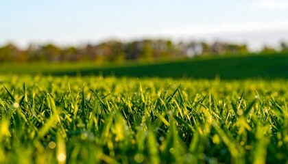 Lush green grass field with morning dew