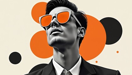 Modern portrait illustration of stylish man wearing sunglasses with vibrant orange lenses. Graphic design features abstract geometric shapes in orange, black circles against light background. Man
