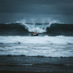 Naklejka premium dramatic photo of a colossal rogue wave, impossibly tall like a skyscraper, about to crash over a tiny fishing boat