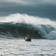 Naklejka premium dramatic photo of a colossal rogue wave, impossibly tall like a skyscraper, about to crash over a tiny fishing boat