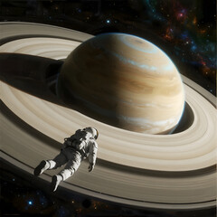 a tiny astronaut floating in space, looking at the immense ring system of a gas giant planet that dominates the view